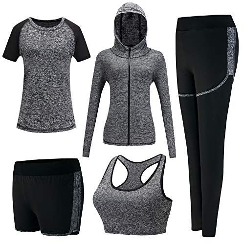 XPINYT 5pcs Workout Outfits for Women Athletic Sets Sport Suits Yoga Gym Fitness Exercise Clothes Jogging Tracksuits (Grey, Large)