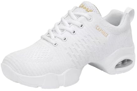 Jazzskor för kvinnor snörning dansskor andningsbara nät luftkudde dam delad sula plattform dans sneakers, Vit B, 38 EU