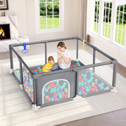 Dripex Baby Playpen, 47x47 Small Playpen for Babies, Enhanced Safety Baby Play Yard for Indoor & Outdoor, Infant Play Pen with Soft Breathable Visible Mesh, Anti-Fall Design & Easy Setup, Grey