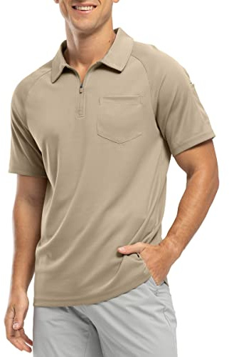 Rdruko Mens 1/4 Zip Short Sleeve Polo with Chest Pocket, Khaki XL