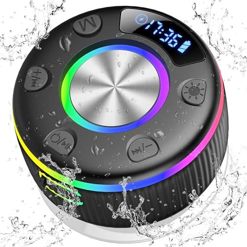 PRSCFUM Bluetooth Shower Speaker, Portable Bluetooth Wireless with Time Display, 2025 IPX7 Waterproof with RGB Lights, Stereo Bass, Mini Speaker for Bathroom, Party, Travel, Outdoor
