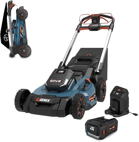 SENIX X6 Cortacésped autopropulsado inalámbrico 3 en 1 de 60 voltios máximo x 21 Pulgadas, con embolsado, Mulching, Descarga Lateral, Ajuste de Altura, visualización Inteligente, batería de Iones de