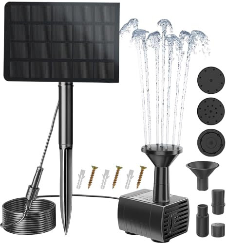 WIYETY Fontaine solaire 2,5 W - Pompe de bassin solaire avec conduite d'eau de 3 m et piquet et 4 douches - Fontaine solaire flottante - Pompe pour jardin, bain d'oiseaux, étang - 200 l/h