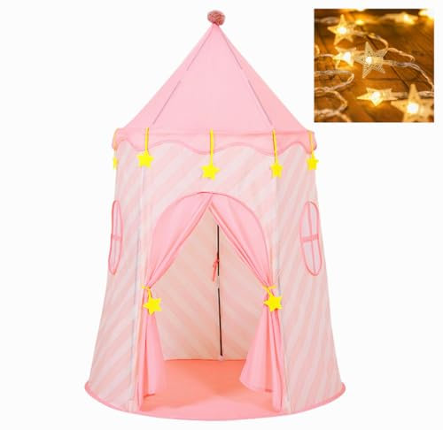 Floving Carpa de Juegos para niños, Carpa de Juegos para niños, Tienda de campaña para niños, Tipi para niños para Interior/Exterior, Carpa de Juegos, con luz de Estrellas (Rayas Rosa)