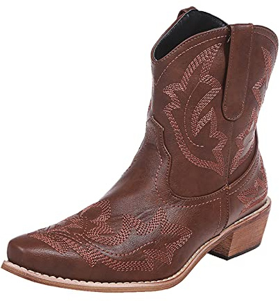 Botas de Tobillo para Mujer Botas de Vaquero Botas para Caminar Bordadas Botas Occidentales de Media Pantorrilla Botas Cortas de Estilo Retro con Punta Puntiaguda