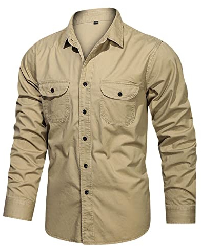 Camisas de safari de manga larga para hombre estilo militar, estilo cargo táctica manga enrollable camisa de algodón con botones camisa occidental con bolsillos camisas de trabajo de secado