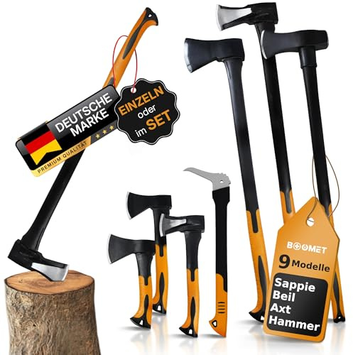 BOOMET Forstaxt 1500g · 9 Modelle: Beil, Axt, Sappi, Set · Spaltbeil mit Fiberglasstiel · Äxte zum Holz spalten in mini, klein, groß · Fällaxt für Forstarbeiten