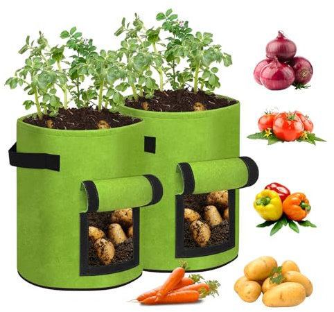 2 Stück 26.5 L Pflanzsack, Vliesstoff Kartoffel Pflanztasche, Atmungsaktiv Pflanzsack mit Griffe und Sichtfenster, Tomaten Kübel, Stofftopf für Gemüse&Früchte&Blumen-Wiederverwendbar Pflanzgefäß, Grün