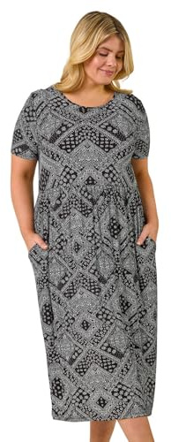 Roman Originals Midi Dress with Pockets for Women UK Ladies Stretchy Jersey Maxi Long 3/4 Length Sleeve Gathered High Waist Boho Flattering Skater Swing Fit Flare - Black Plus - Size 26