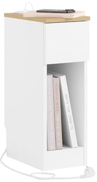 SoBuy Comodino camera da letto stretto con ricarica USB & Type-C, tavolino da letto con incavo battiscopa, mobile salvaspazio per piccoli ambienti, bianco 20x35x60 cm FBT111-E-WN