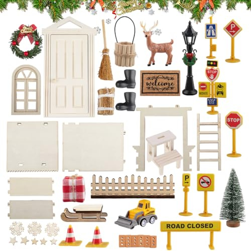 Velicber 42 stycken tomtedörrset tomtetillbehör jul tomte dörrset, komplett set inklusive ljus, byggplats, festdörr, stege, julgran, staket, stövlar, krans, för barn presenter