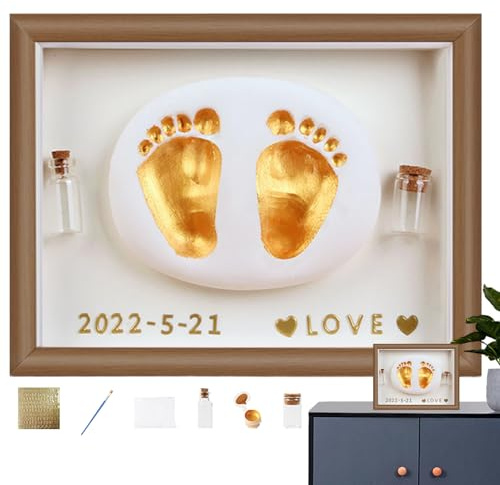 Souvenirkit för bebisar – fotavtrycksram 17 x 22 x 3 cm, träminnespanel, handavtryck gjutning set med säker färg håruppsamlingsflaska | Cade
