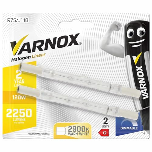 VARNOX, R7S J118 118mm Halogen Linear Bulbs 120W, 2250 Lumens 2900K Warm White, Dimmable Double Ended Floodlight & Security Light Replacement Lamp, Pack of 2 (8 Lights)