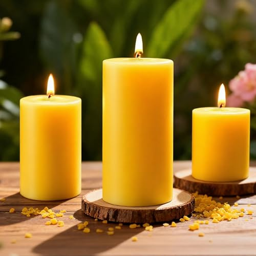 3 Pack Natural Beeswax Pillar Candles 2x2in,2x3in,2x4in,Long Burning Unscented Pure Beeswax Candles Set,Smokeless Dripless Pillar Candles Bulk for Home Decor,Prayer,Emergency