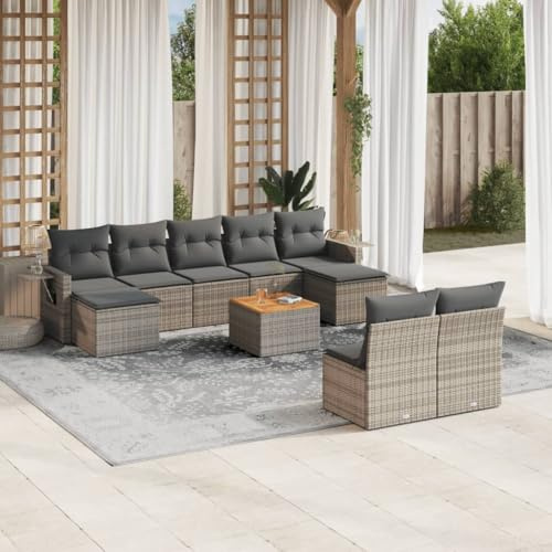 YUTAASU Set di 10 divani da giardino con cuscini, in polyrattan grigio, set modulare con tavolino e ripiani, mobili in rattan sintetico resistente, per terrazza, esterni, gruppo di sedute
