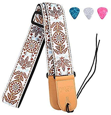Rufun Gitarrengurt Retro Jacquard Weave Zubehör Einstellbare Länge für Basse E-Gitarre Akustische Gitarre, 3 Picks enthalten (Braun)