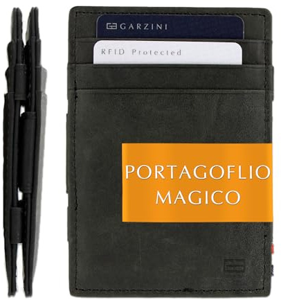 GARZINI Cartera Mágica Cuero Negro Cepillado para 10 Tarjetas – Tarjetero con Bloqueo RFID. Cartera Fina para Hombres – Regalos Originales para Hombres