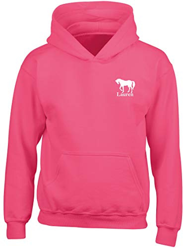 Hippowarehouse PERSONALISED name Horse (Pocket) kids children's unisex Hoodie hooded top Fuchsia Pink