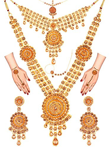 Efulgenz Indian Bridal Jewelry Indian Wedding Jewelry Sets for Women Bridal Bollywood Rhinestone Necklace Earrings Maang Tikka Head Chain Nose Ring Bracelet Jewelry Set
