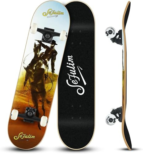Sefulim 31 x 8 Pollice Completo Skateboard 7 Strati Acero Canadese Doppio Kick Deck Concavo Cruiser Trick Skateboard per Ragazzi Ragazze Adolescenti Adulti Principiante（cowboy）