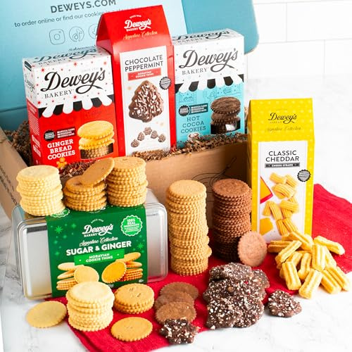 Cookie Sampler Gift Basket by Dewey’s Bakery | Gingerbread & Hot Cocoa Moravian Cookies, Gift Tin, Chocolate Peppermint Cookies & Cheese Straws | North Carolina Bakery Food Gifts | 5-Piece Gift Box