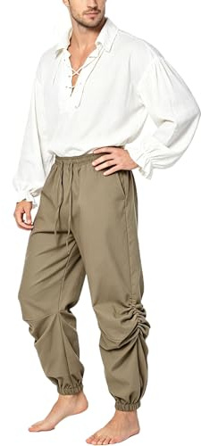 BPURB Pantaloni da pirata vintage medievale rinascimentale da uomo, costume da salotto con elastico in vita, pantaloni da navigatore vichingo, Verde militare, S