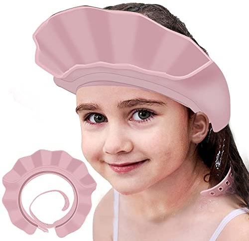 KOMIDK Gorro de ducha para bebés, champú, gorro de baño de silicona, ajustable, para lavar el cabello, ducha, protección de baño, gorro de ducha para niños pequeños, bebés, niños (rosa)