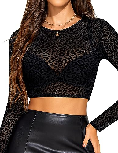 Avidlove Mesh Top Sheer Crop Top Mesh Crop Tops for Women Long Sleeve Long Sleeve Crop Top PAT12 M