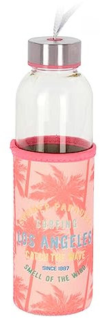 hibuy Trinkflasche Los Angeles 400 ml - auslaufsicher & Kohlensäure geeignet - Glas transparent mit Neoprenhülle