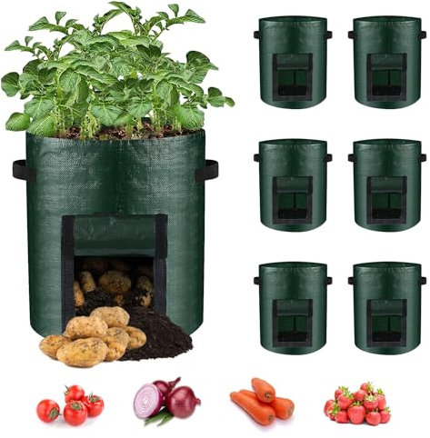 6 Stück Kartoffel Pflanzsack, 10 Gallonen Gemüse Tomatenpflanzen Pflanzsäck mit Stabilen Griffen und Sichtbarer Klappe, Pflanztasche Kartoffelpflanzsack für Tomaten, Kartoffeln, Blumen, Pflanzen