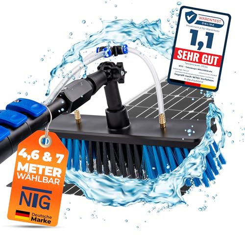 Teleskopwaschbürste zur Reinigung von Solaranlagen/Fenstern | in 4,6 Meter u. 7 Meter verfügbar | Wasseranschluss u. Seifenspender | Photovoltaik | Wintergarten Reinigungsset (Bis 7,0 Meter)