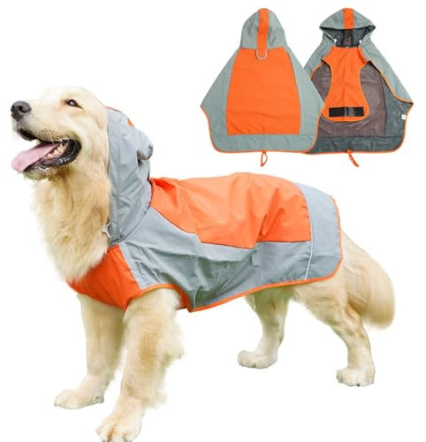 Hunderegenmantel Wasserdicht, Verstellbarer Regenmantel Hund mit Reflexstreifen und Kapuze, Regenjacke Hund für Outdoor Wandern, Regencape Hunde für Kleine, Mittelgroße und Große Hunde (Orange, S)