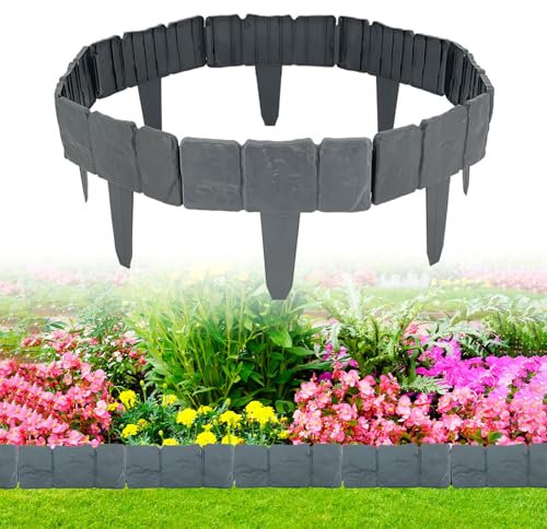 Bordatura per prato 20 pcs, bordo per prato in plastica effetto pietra, antracite bordo per prato 5 m,barriera da giardino fissa in plastica per bordo erba prato (20, grigio)