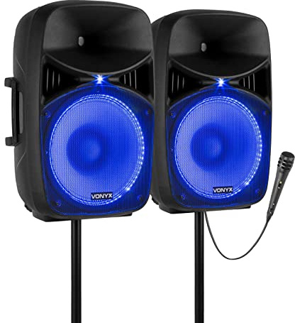 VONYX VPS102A - PA Lautsprecher Aktiv Set, Party Box Bluetooth mit Stativ, 2X Kabelloses Mikrofonset WM552, PA Anlage Komplettset, 10 Zoll, Party LEDs, USB, MP3, DJ Boxen Set Komplett - 600 Watt