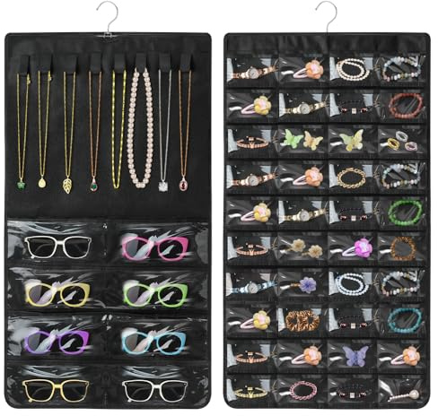 LIUCONGBD Dual-sided Hanging Jewelry Organiser, Necklace Holder with 48 Clear Pockets, Jewellery Storage Organiser with Hook for Earrings Necklaces Rings Bracelets on Door, Closet, Wall