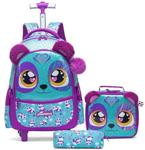 Egchescebo Kids Rolling Bears Backpack for Girls Trolley Suitcases Luggage Travel with Wheels Bookbag Wheeled 17 3PCS Roller Backpacks Set Toddler Back Pack School Bags for Elementary Purple
