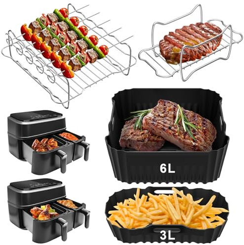 Airfryer Zubehör für Philips Airfryer Dual Basket 3000 Series NA350, Einschließen 2 Heißluftfritteuse Silikonform Airfryer Zubehör 6L und 3L, 2 Stück Luftfritteusenständer mit 5 grillspieße
