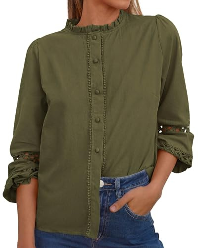 KIRUNDO Going Out Tops for Women 2026 Spring Fashion Boho Cotton Eyelet Long Sleeve Button Up Shirt Lace Dressy Casual Blouse(Army Green, X-Large)