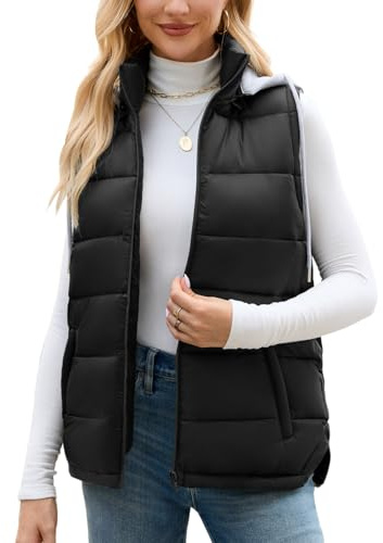 Vancavoo Gilet Donna Invernale Smanicato con Cappuccio Cappotto senza Maniche Giubbotto Imbottito Giacca con Cerniera e Tasche,Nero,L