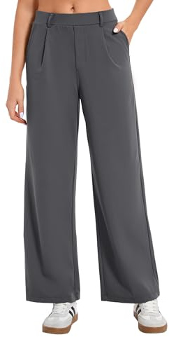 Oyamiki Business Trousers for Women UK Wide Leg Work Front Pleated Fall High Waist Tummy Control Pants Dark Grey L
