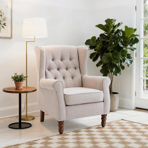COLAMY Mid-Century Modern Living Room Accent Chair, Button Tufted Wingback with Thick Padded Seat, Upholstered Armchair, Fabric Sofa Arm Chair with Solid Wood Legs for Bedroom/Office/Café, Beige