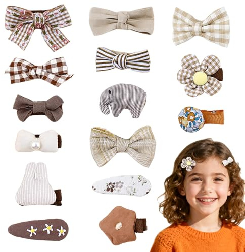 15Pcs Baby Girl Hair Clips Bows Fully Covered Barrettes Non Slip Cute Hair Accessories for Toddler Kids Little Girls (Brown Tone)
