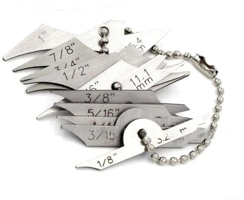 Fillet weld gauge 10 piece chain radius set from 3mm to 25mm with 1/8 inch to 1 inch radius gauges for weld seam angle testing and industrial use