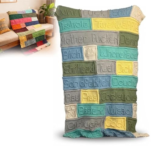 Handgjorda roliga Cussword filt, mjuk färgglad virkad filt med upphöjda bokstavsmönster, Unik Gag present patchwork stickad för sovrum, vardagsrum Blanket-C
