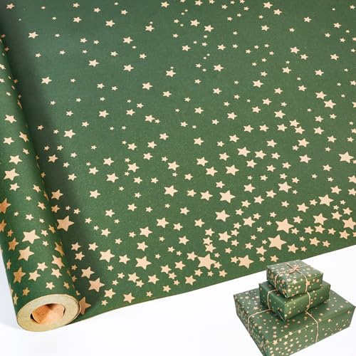 Birthday Wrapping Paper Roll,43cm*10m Star Wrapping Paper,Kraft Gift Wrap paper,Perfect for Birthday,Party,Baby Shower,Christmas (Green)
