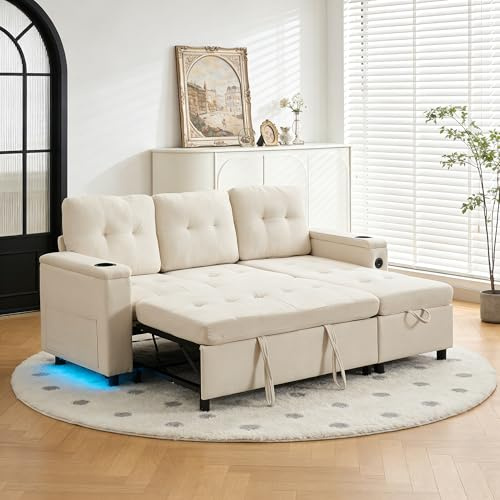 Wyibwy Sofá seccional de 3 plazas con luz LED y portavasos, sofá esquinero en L con Almacenamiento, sofá Cama de 3 plazas, sofá Convertible con Bolsillo Lateral, sofás Plegables de 3 plazas, Beige