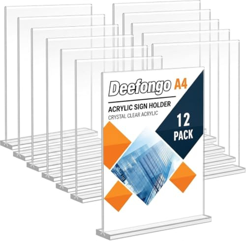 Deefongo A4 Acrylic Sign Holder,12 Pack T-Shape Double-Side A4 Perspex Display Stand,Clear Poster Menu Holders for Office Shop Restaurant School