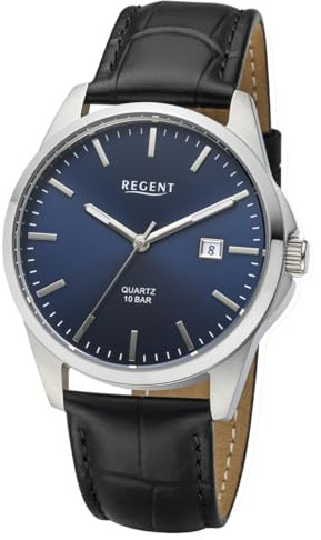 REGENT F-1679 Reloj para hombre de acero inoxidable plateado, esfera azul Sunray, correa de cuero con aspecto de cocodrilo negro, movimiento de cuarzo, fecha, 39 mm, 10 ATM
