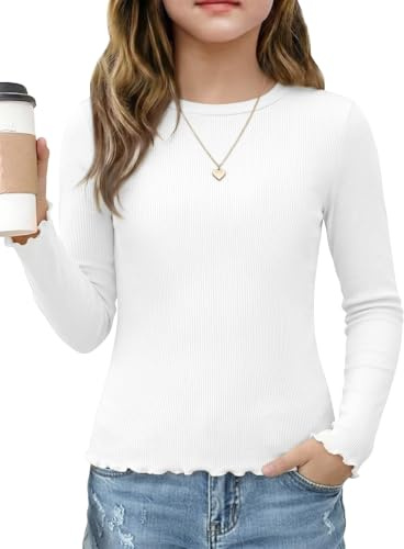 Demegimi T-Shirt Fille Manche Longue Côtelé Top Basique Bord Laitue | Haut côtelé enfant - Style chic école quotidien - Tissu doux stretch - Bord laitue romantique - Fille 5-14 ans