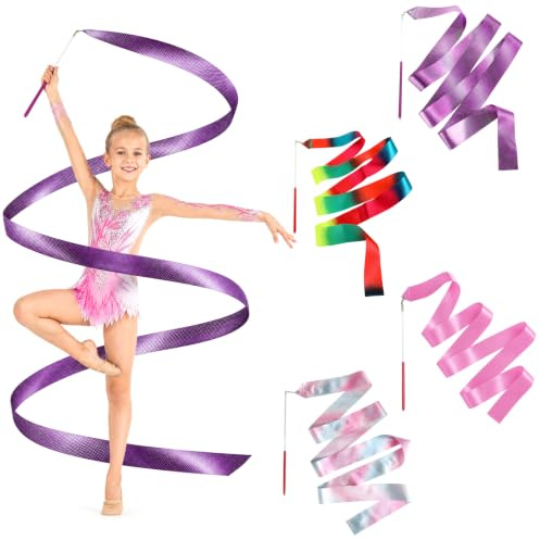 CAMETNG 4 stycken gymnastikband med stång, 200 cm rytmiskt sportgymnastikband i drömmande färger, dansband för konstnärliga dansgymnastik, barndans, talangshow